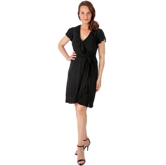 🆕Tiana B Black Ruffled Wrap Dress. Size Medium. - Picture 1 of 8